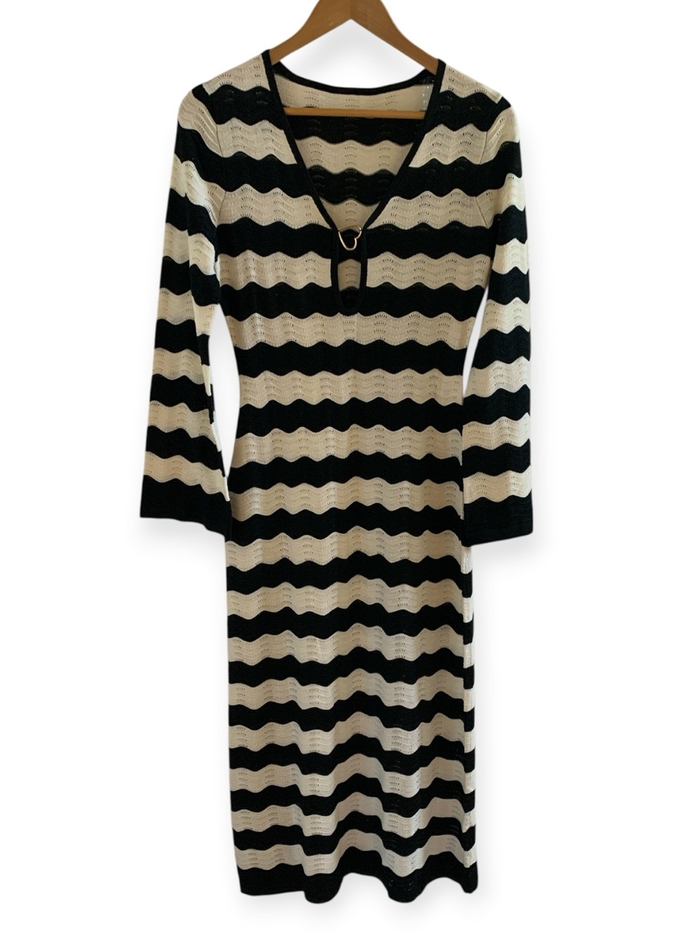 Black and Cream Striped Long Sleeve Knit Dress